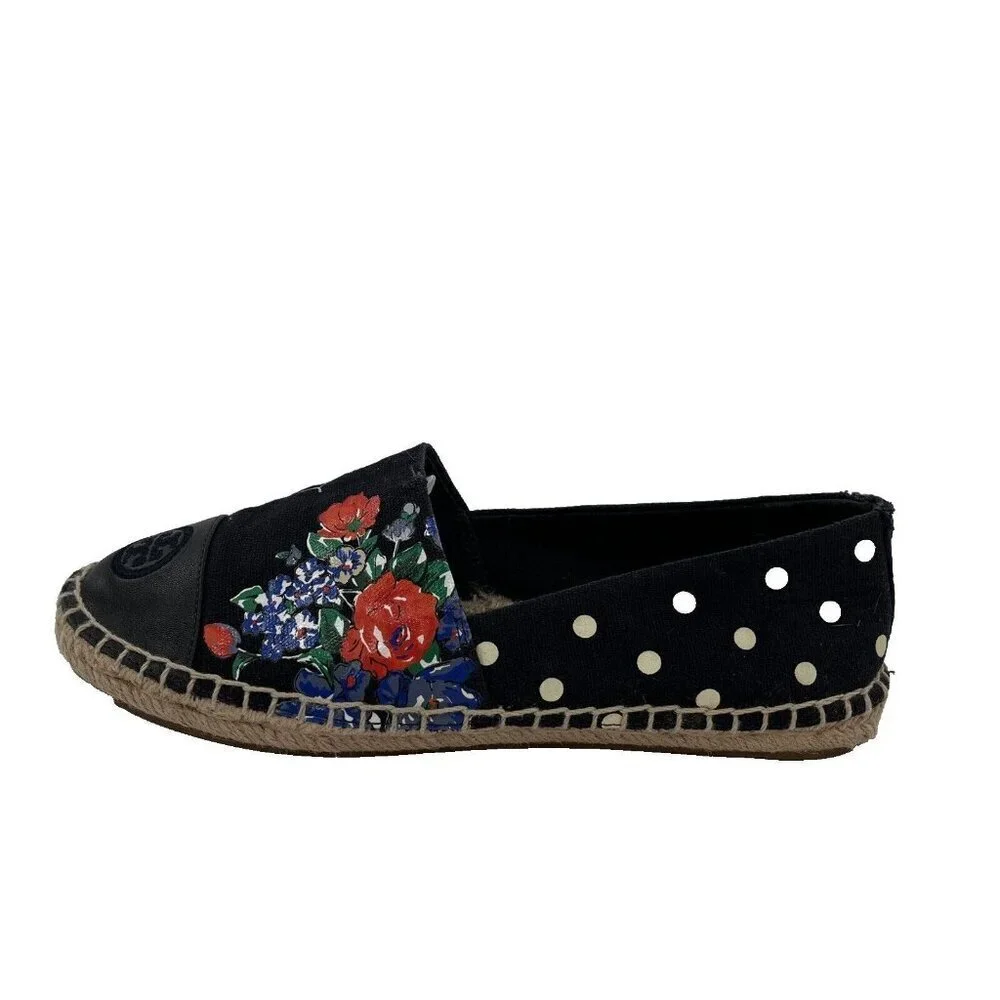 Tory Burch NAVY TEA ROSE Classic Dot‎ FLAT ESPADRILLE Slip On Size 6.5